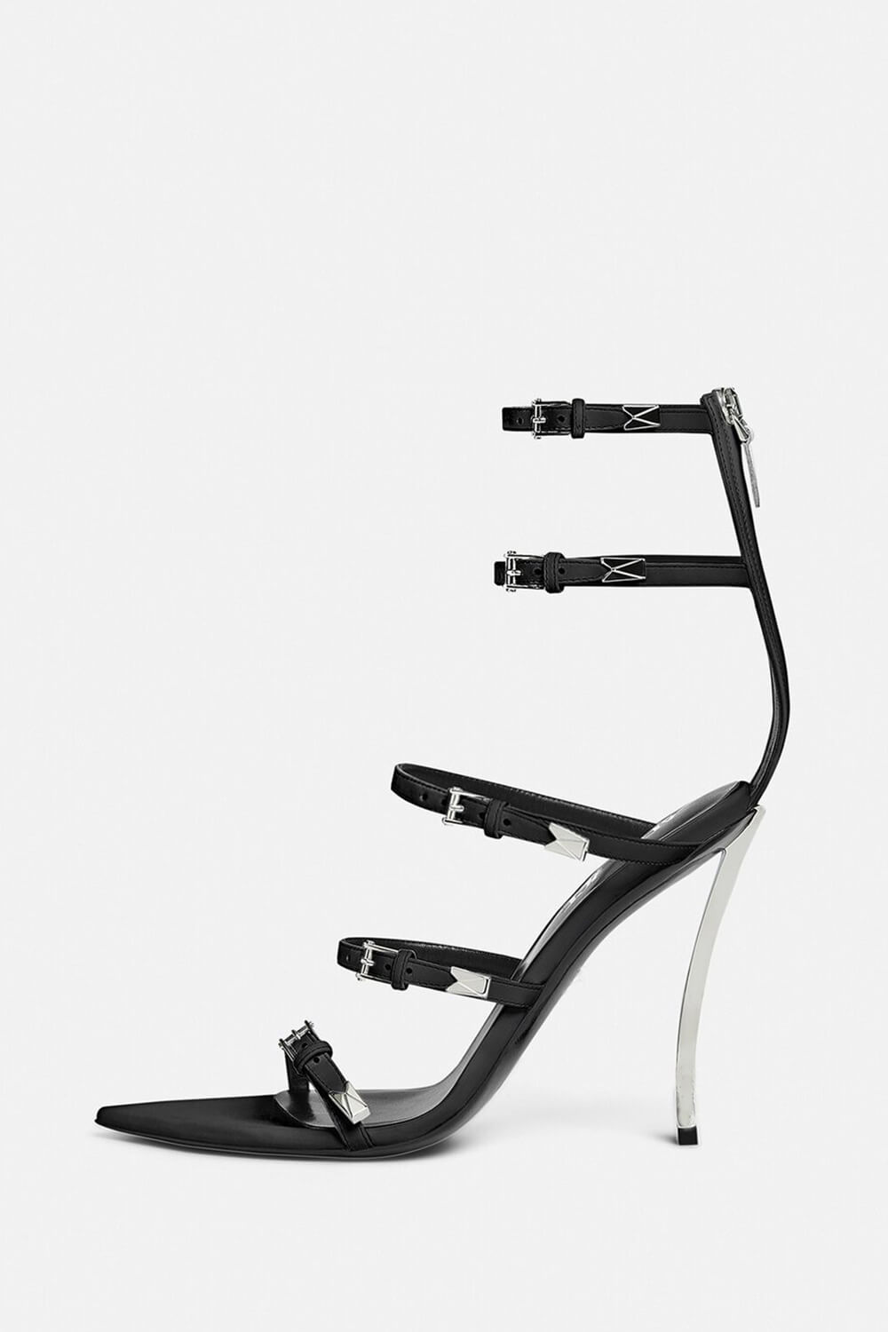 Strappy Buckled Satin Pointed Toe Stiletto Heeled Sandals - Black