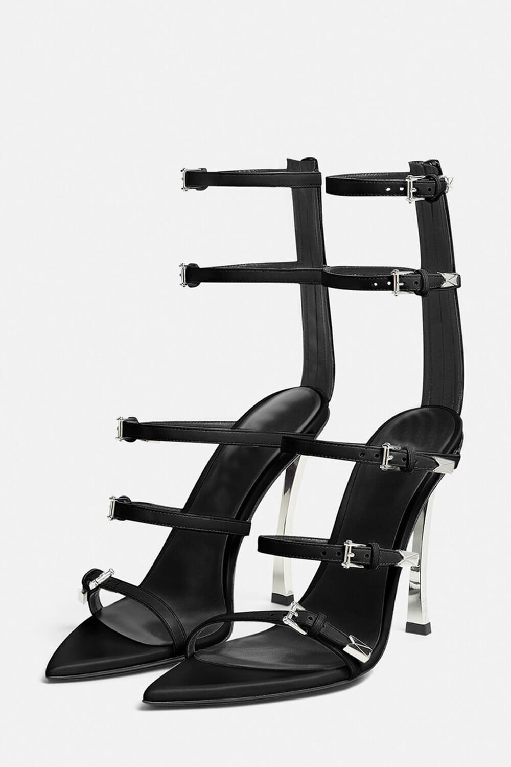 Strappy Buckled Satin Pointed Toe Stiletto Heeled Sandals - Black