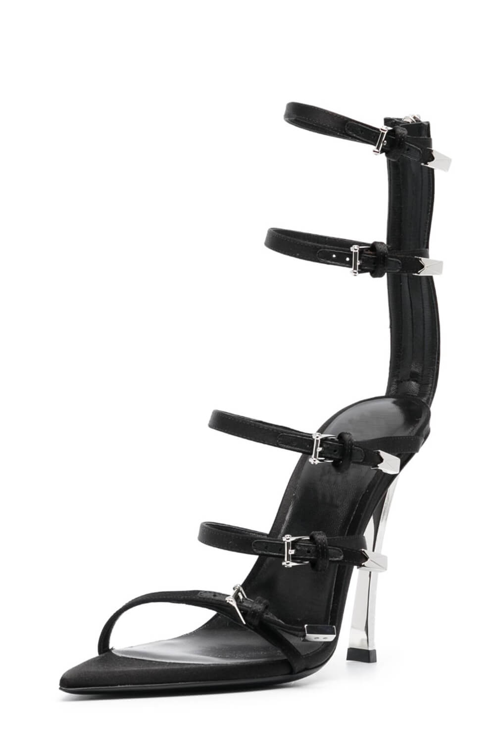 Strappy Buckled Satin Pointed Toe Stiletto Heeled Sandals - Black