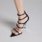 Strappy Buckled Satin Pointed Toe Stiletto Heeled Sandals - Black