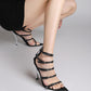 Strappy Buckled Satin Pointed Toe Stiletto Heeled Sandals - Black