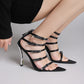 Strappy Buckled Satin Pointed Toe Stiletto Heeled Sandals - Black