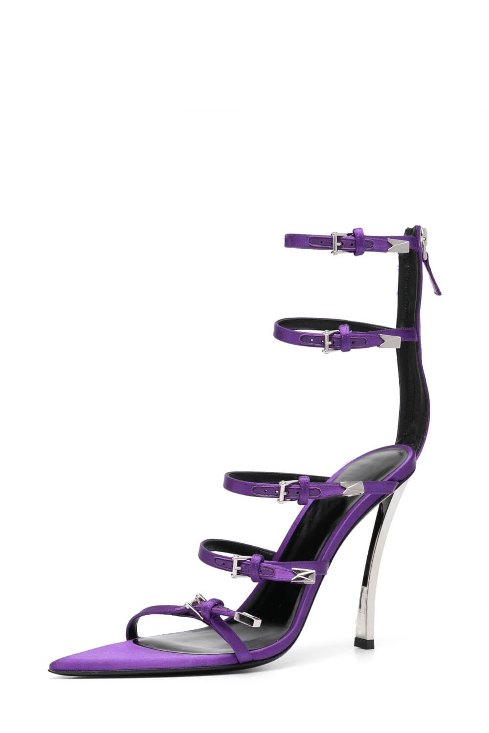 Strappy Buckled Satin Pointed Toe Stiletto Heeled Sandals - Purple