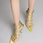 Strappy Buckled Satin Pointed Toe Stiletto Heeled Sandals - Grass Green