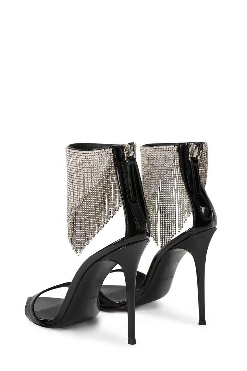 Crystal Rhinestones Fringed Open Pointed Toe Stiletto Heeled Sandals - Black