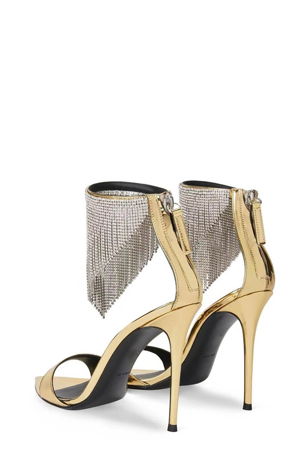 Crystal Rhinestones Fringed Open Pointed Toe Stiletto Heeled Sandals - Gold