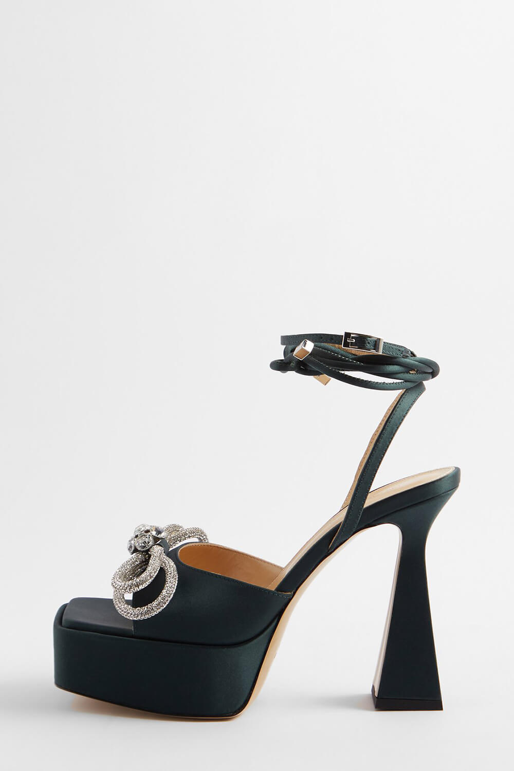 Iridescent Faux Leather Diamante Double Bow Embellished Open Square Toe Platform Ankle Sandals - Black