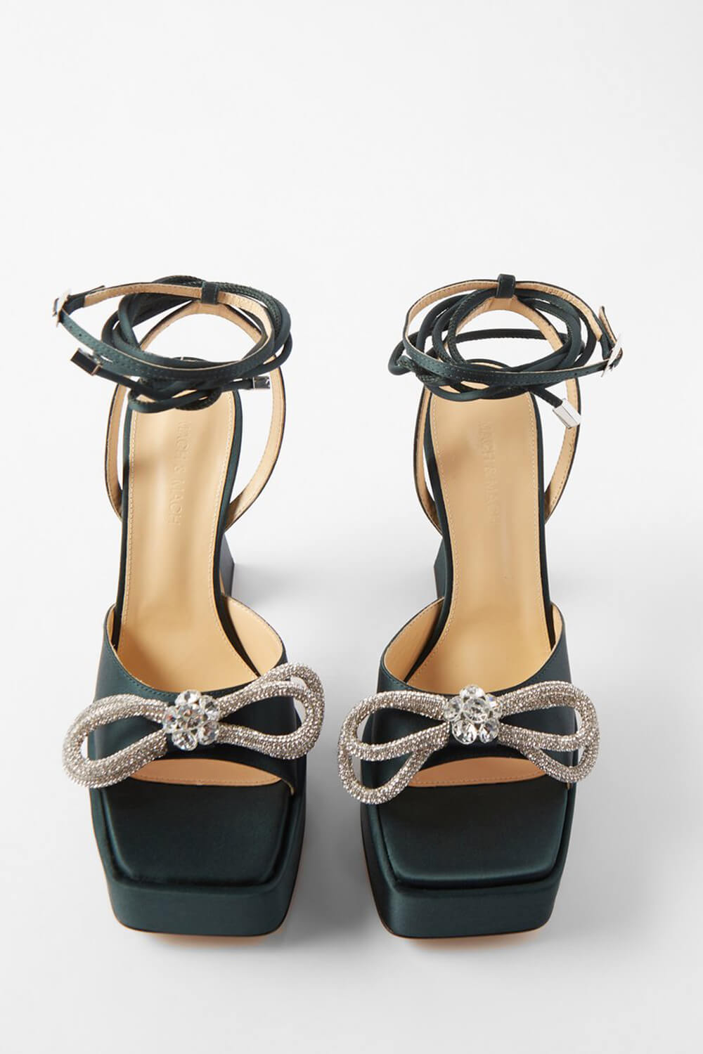 Iridescent Faux Leather Diamante Double Bow Embellished Open Square Toe Platform Ankle Sandals - Black
