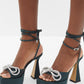 Iridescent Faux Leather Diamante Double Bow Embellished Open Square Toe Platform Ankle Sandals - Black