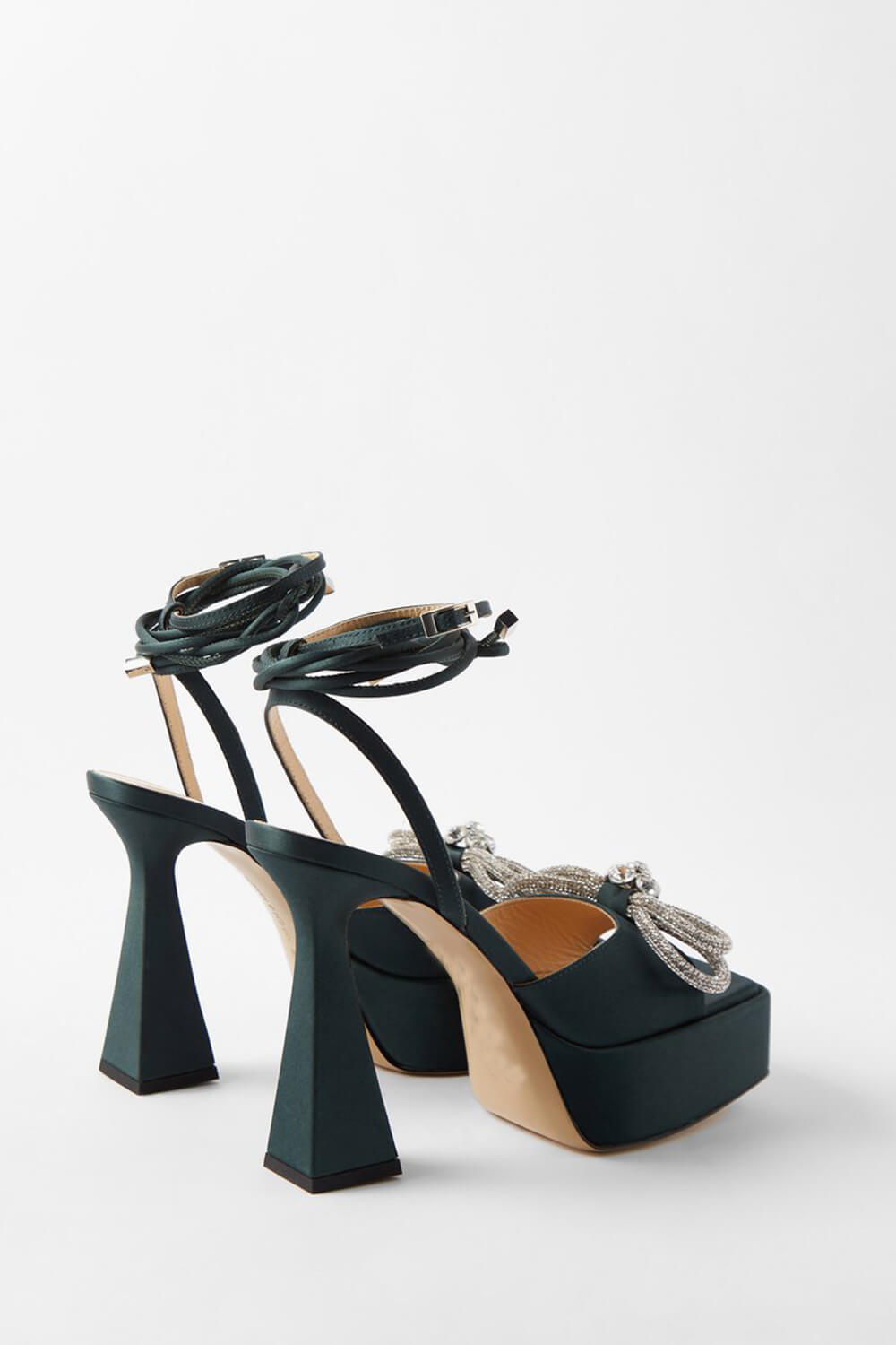 Iridescent Faux Leather Diamante Double Bow Embellished Open Square Toe Platform Ankle Sandals - Black