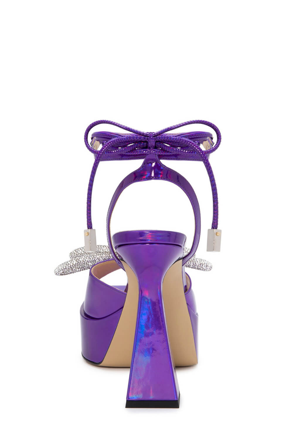 Iridescent Faux Leather Diamante Double Bow Embellished Open Square Toe Platform Ankle Sandals - Purple