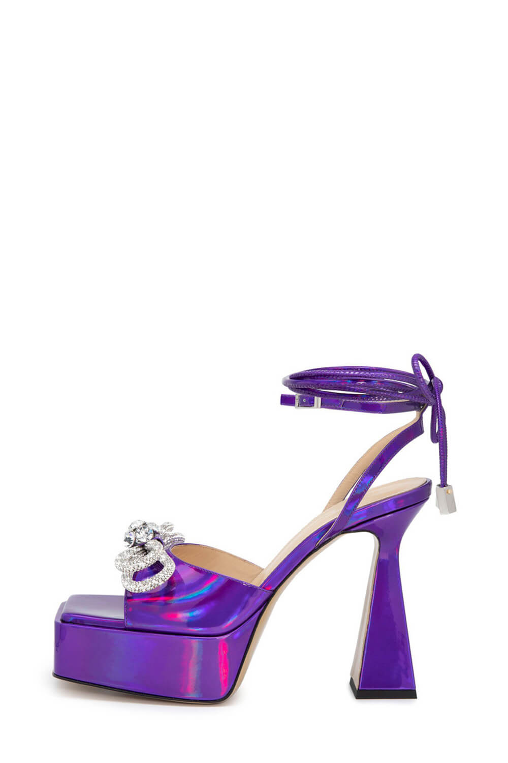 Iridescent Faux Leather Diamante Double Bow Embellished Open Square Toe Platform Ankle Sandals - Purple
