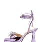 Iridescent Faux Leather Diamante Double Bow Embellished Open Square Toe Platform Ankle Sandals - Lilac
