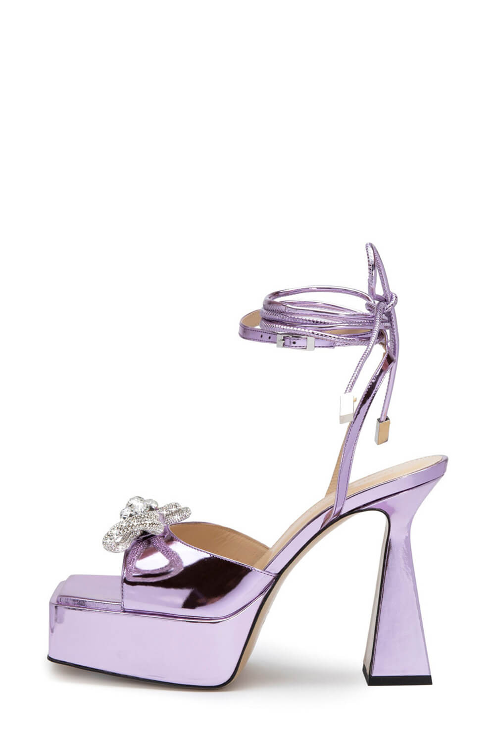 Iridescent Faux Leather Diamante Double Bow Embellished Open Square Toe Platform Ankle Sandals - Lilac