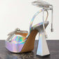 Iridescent Faux Leather Diamante Double Bow Embellished Open Square Toe Platform Ankle Sandals - Silver