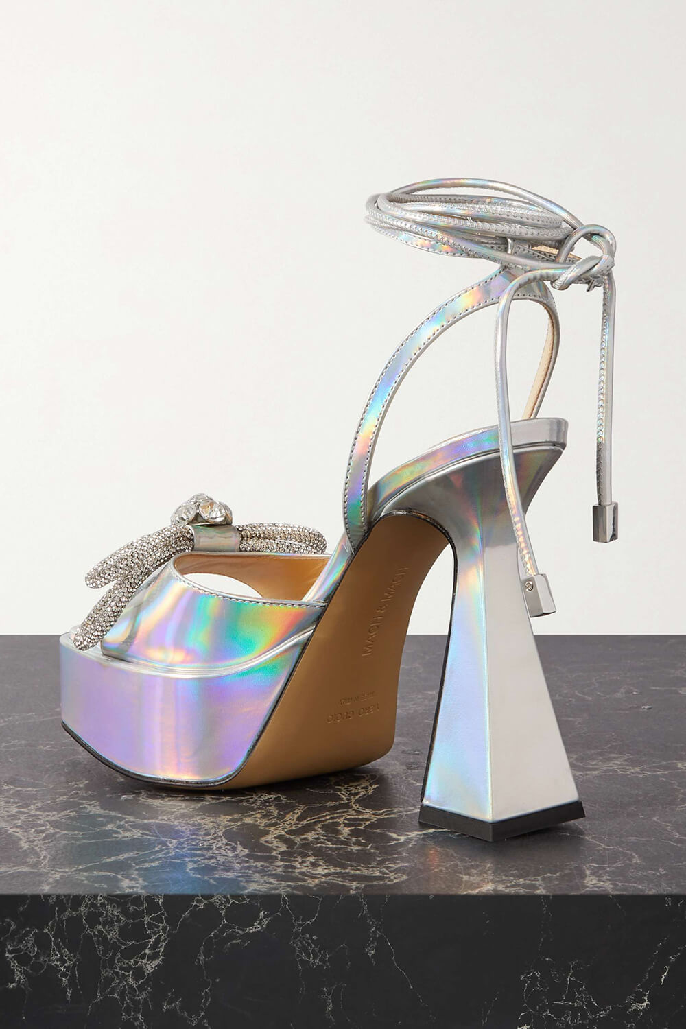 Iridescent Faux Leather Diamante Double Bow Embellished Open Square Toe Platform Ankle Sandals - Silver