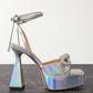Iridescent Faux Leather Diamante Double Bow Embellished Open Square Toe Platform Ankle Sandals - Silver