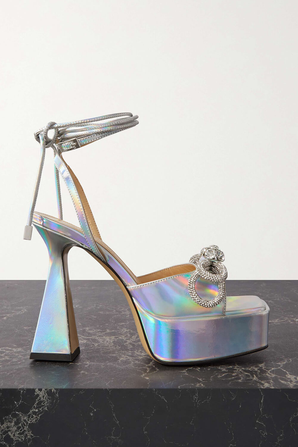 Iridescent Faux Leather Diamante Double Bow Embellished Open Square Toe Platform Ankle Sandals - Silver