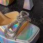 Iridescent Faux Leather Diamante Double Bow Embellished Open Square Toe Platform Ankle Sandals - Silver