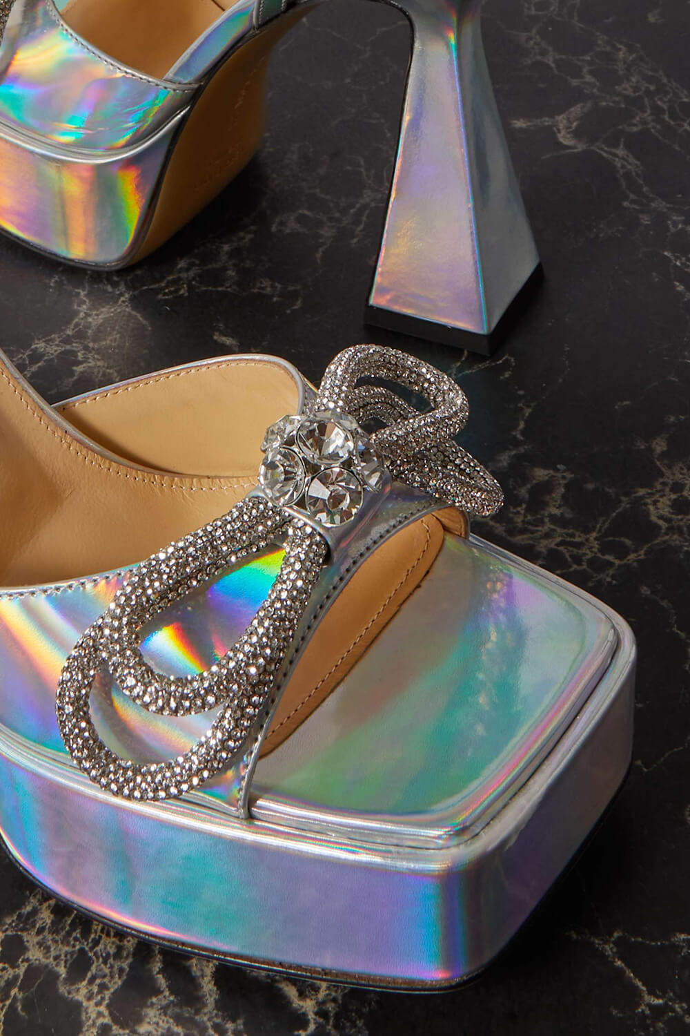 Iridescent Faux Leather Diamante Double Bow Embellished Open Square Toe Platform Ankle Sandals - Silver