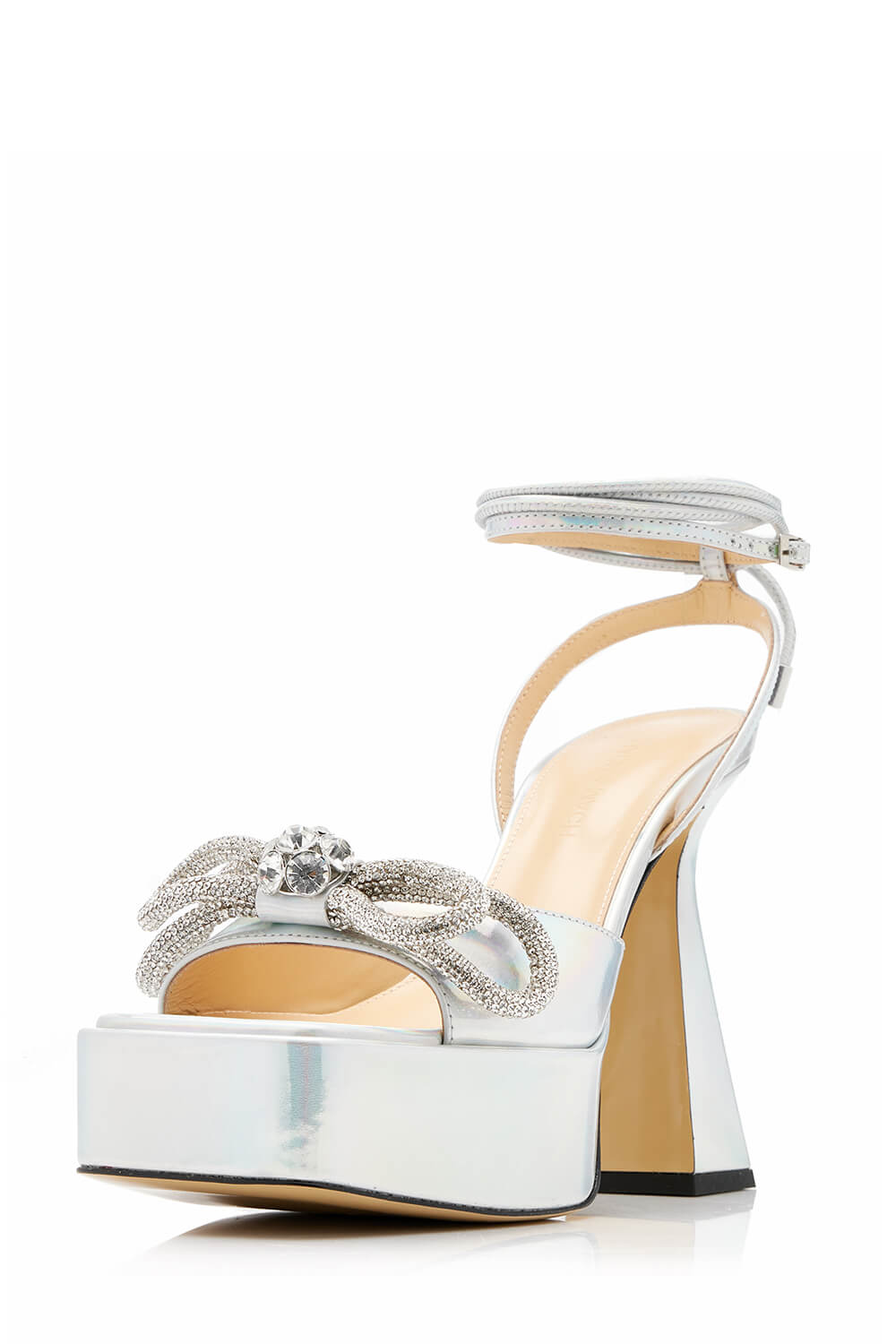 Iridescent Faux Leather Diamante Double Bow Embellished Open Square Toe Platform Ankle Sandals - Silver