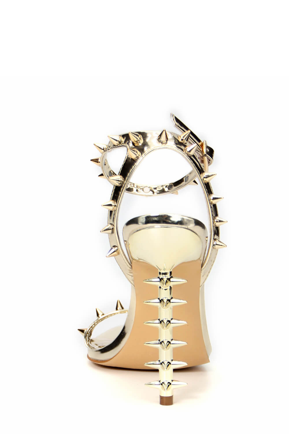 Spiked Studs Open Pointed Toe Stiletto Heeled Ankle Sandals - Gold