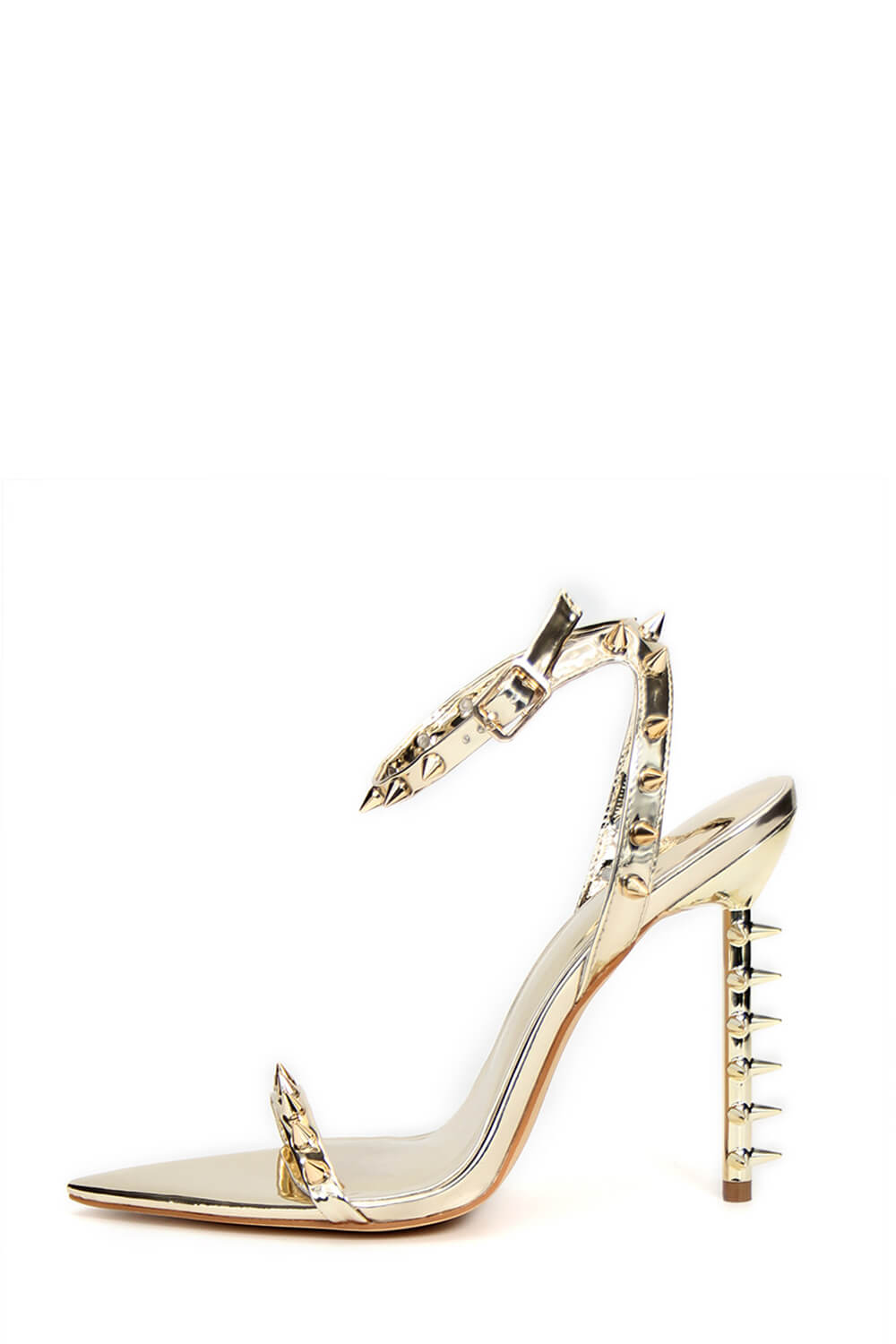 Spiked Studs Open Pointed Toe Stiletto Heeled Ankle Sandals - Gold