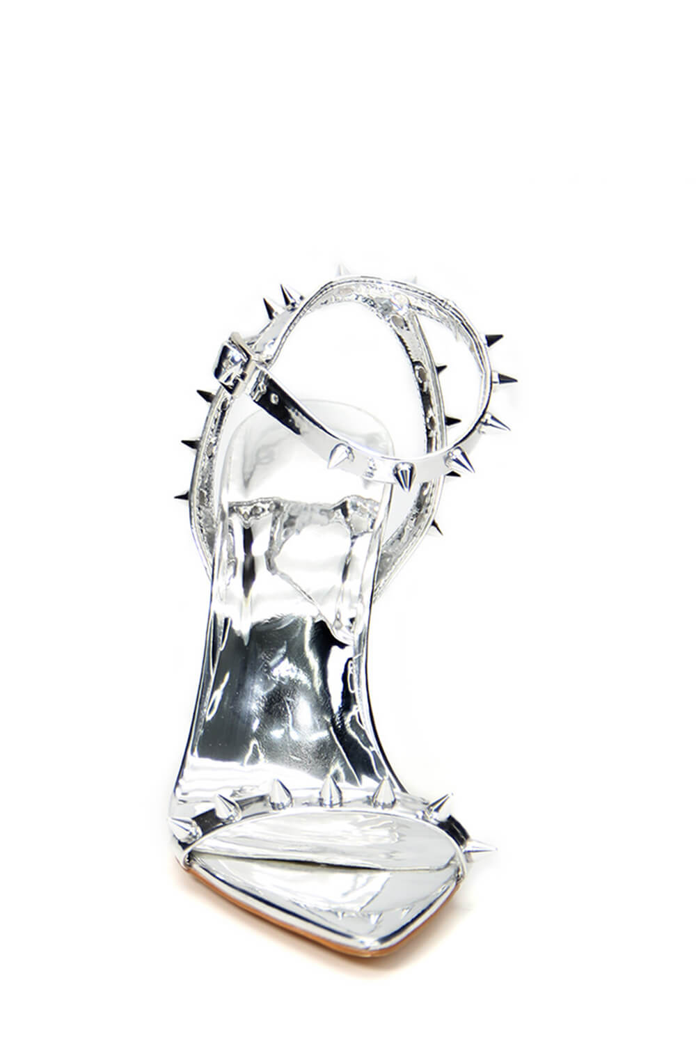 Spiked Studs Open Pointed Toe Stiletto Heeled Ankle Sandals - Silver