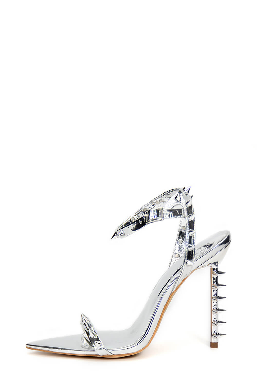 Spiked Studs Open Pointed Toe Stiletto Heeled Ankle Sandals - Silver
