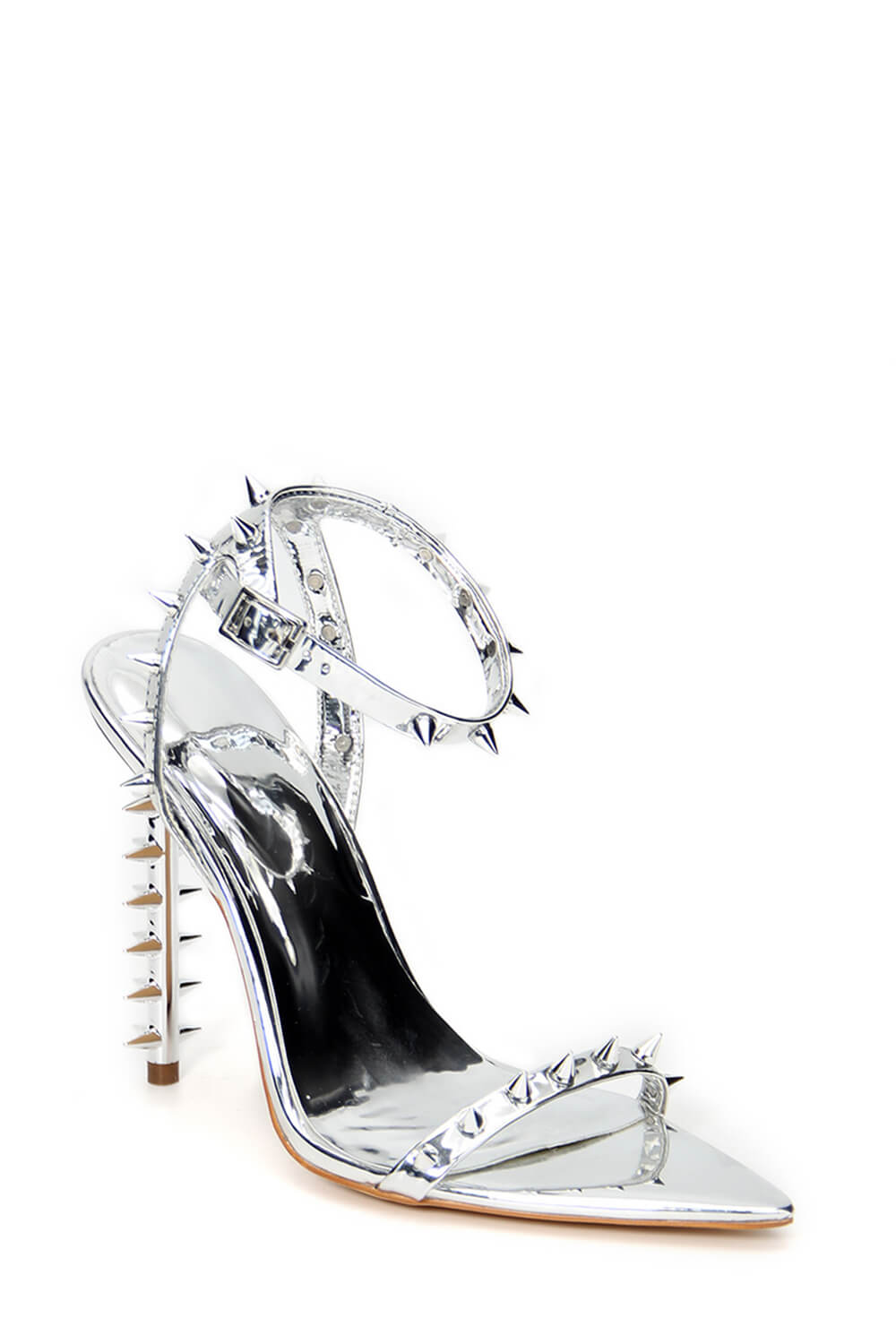 Spiked Studs Open Pointed Toe Stiletto Heeled Ankle Sandals - Silver