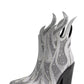 Rhinestone-Embellished Flame Mid-Calf Western Cowboy Pointed Toe Block Heeled Boots - Silver