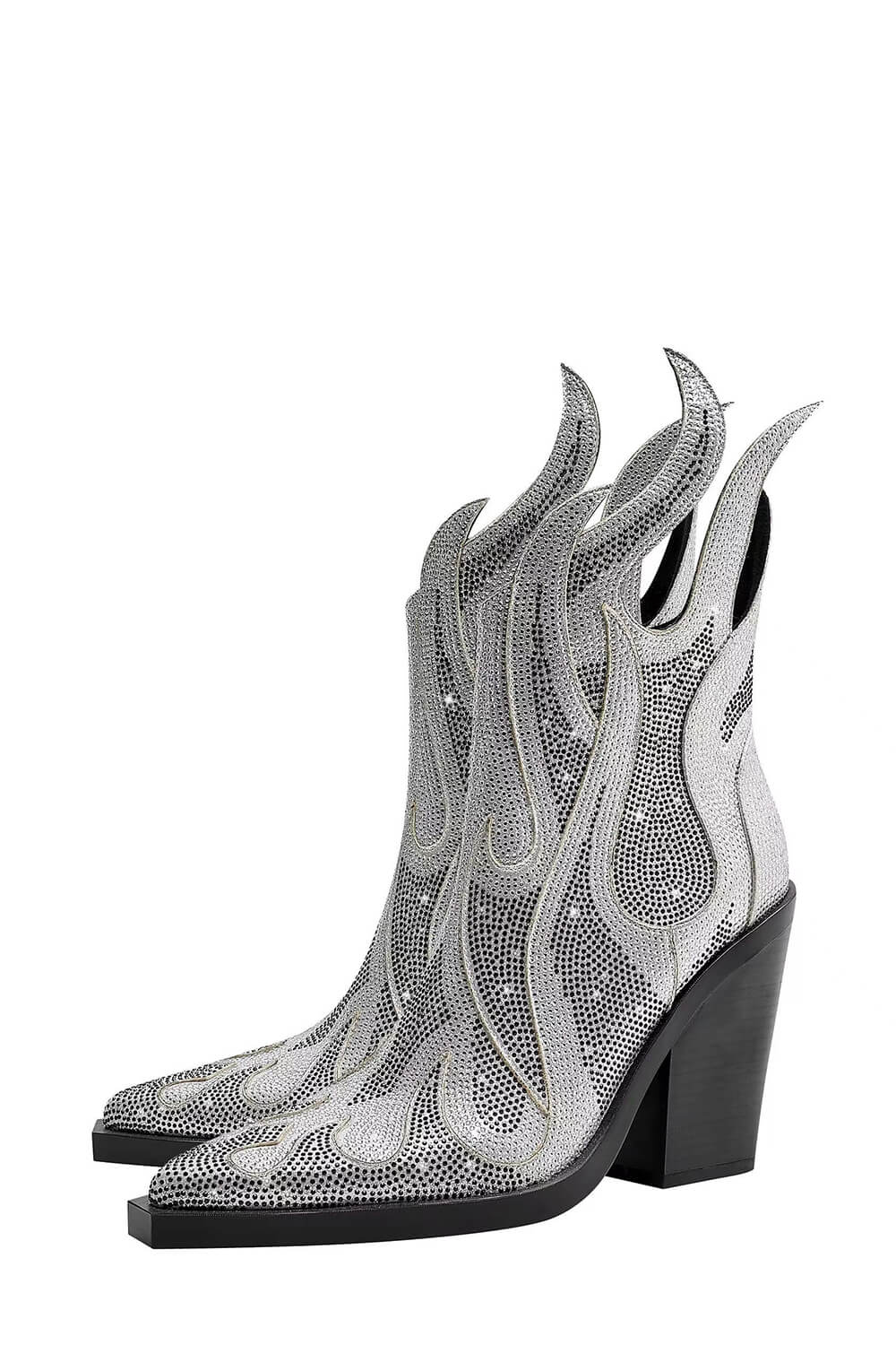 Rhinestone-Embellished Flame Mid-Calf Western Cowboy Pointed Toe Block Heeled Boots - Silver