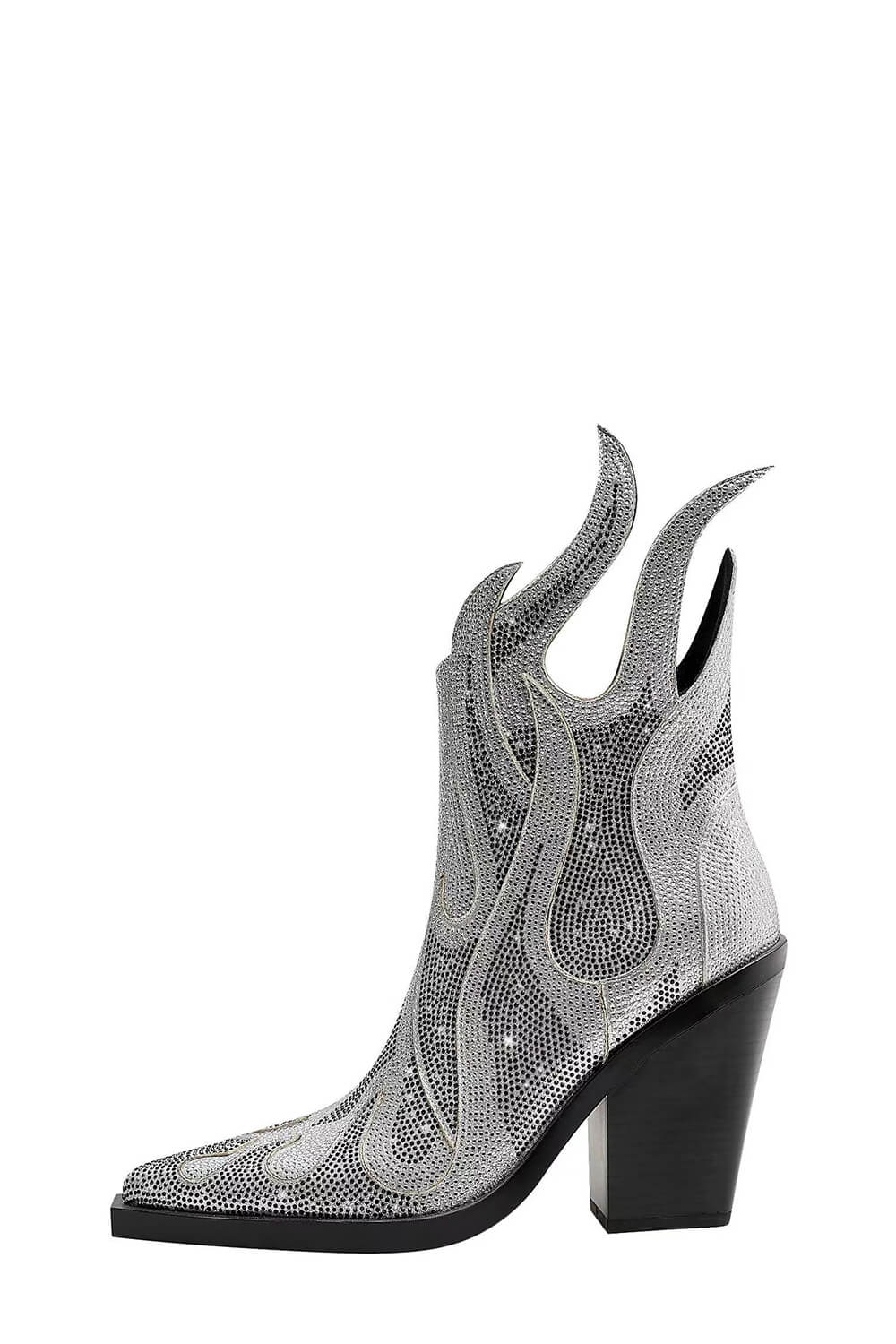 Rhinestone-Embellished Flame Mid-Calf Western Cowboy Pointed Toe Block Heeled Boots - Silver