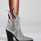 Rhinestone-Embellished Flame Mid-Calf Western Cowboy Pointed Toe Block Heeled Boots - Silver