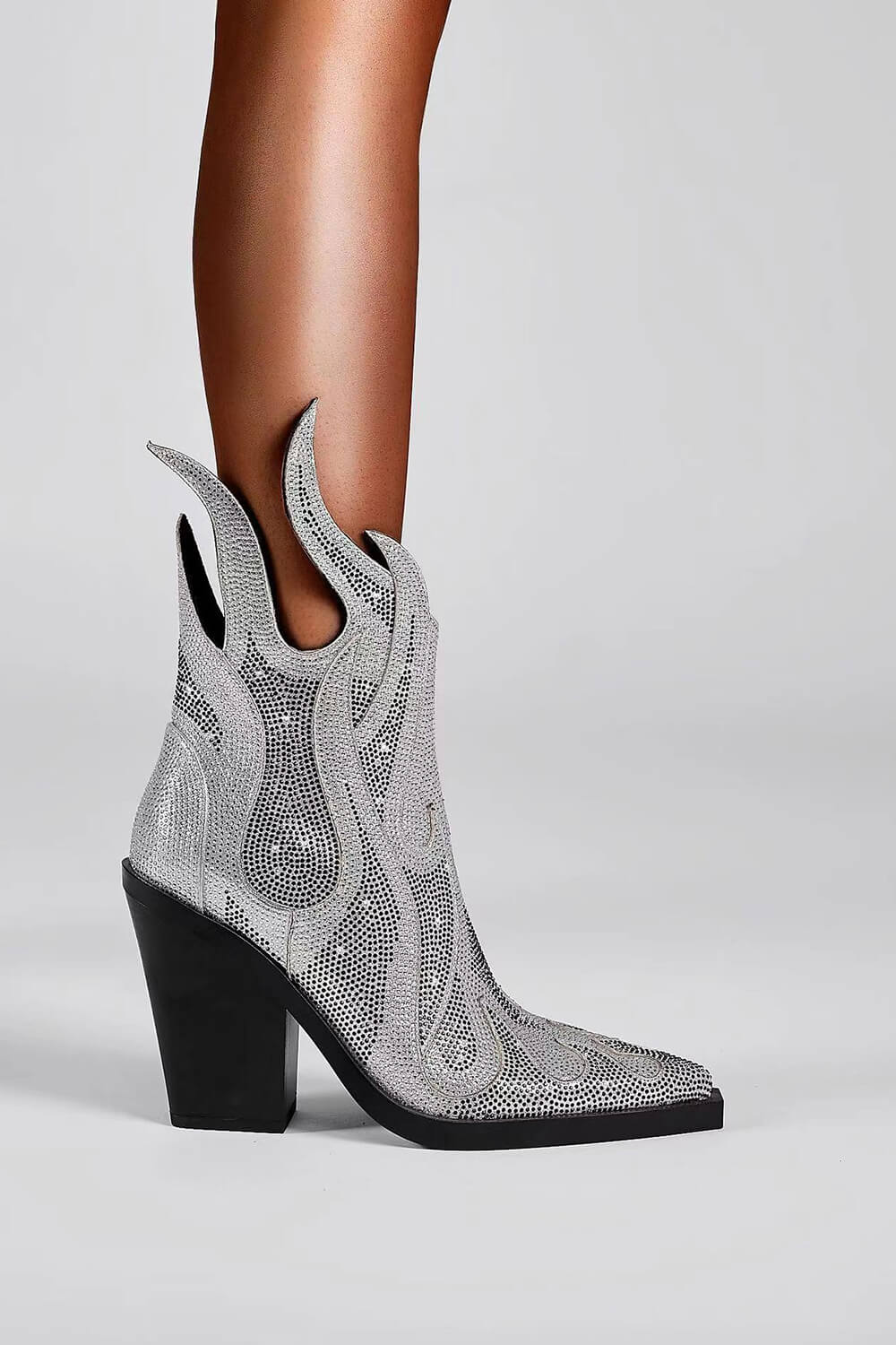 Rhinestone-Embellished Flame Mid-Calf Western Cowboy Pointed Toe Block Heeled Boots - Silver