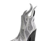 Rhinestone-Embellished Flame Mid-Calf Western Cowboy Pointed Toe Block Heeled Boots - Silver