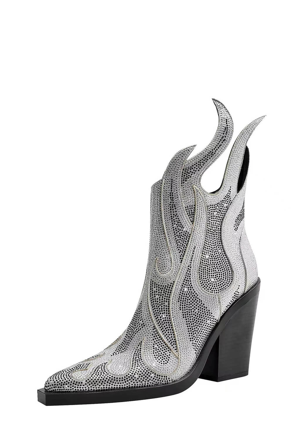 Rhinestone-Embellished Flame Mid-Calf Western Cowboy Pointed Toe Block Heeled Boots - Silver