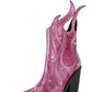 Rhinestone-Embellished Flame Mid-Calf Western Cowboy Pointed Toe Block Heeled Boots - Pink