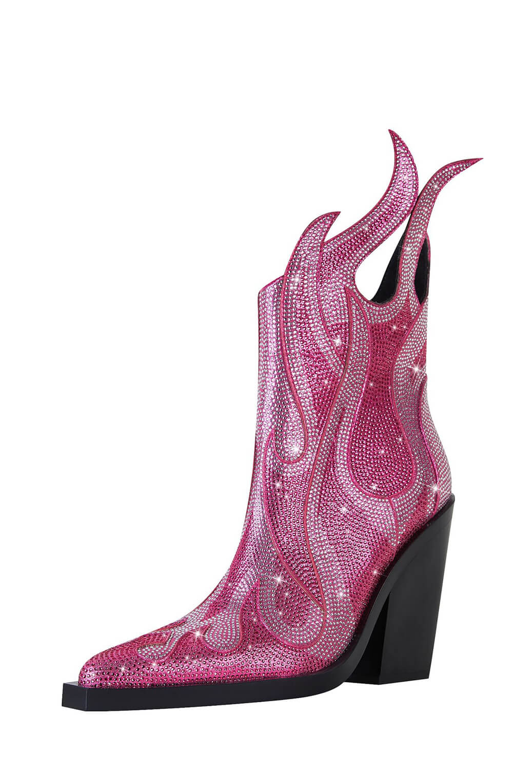 Rhinestone-Embellished Flame Mid-Calf Western Cowboy Pointed Toe Block Heeled Boots - Pink