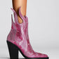 Rhinestone-Embellished Flame Mid-Calf Western Cowboy Pointed Toe Block Heeled Boots - Pink