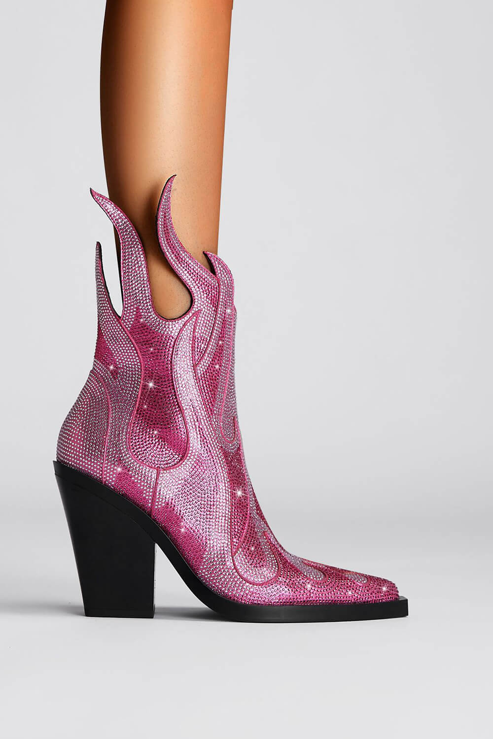 Rhinestone-Embellished Flame Mid-Calf Western Cowboy Pointed Toe Block Heeled Boots - Pink