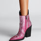 Rhinestone-Embellished Flame Mid-Calf Western Cowboy Pointed Toe Block Heeled Boots - Pink