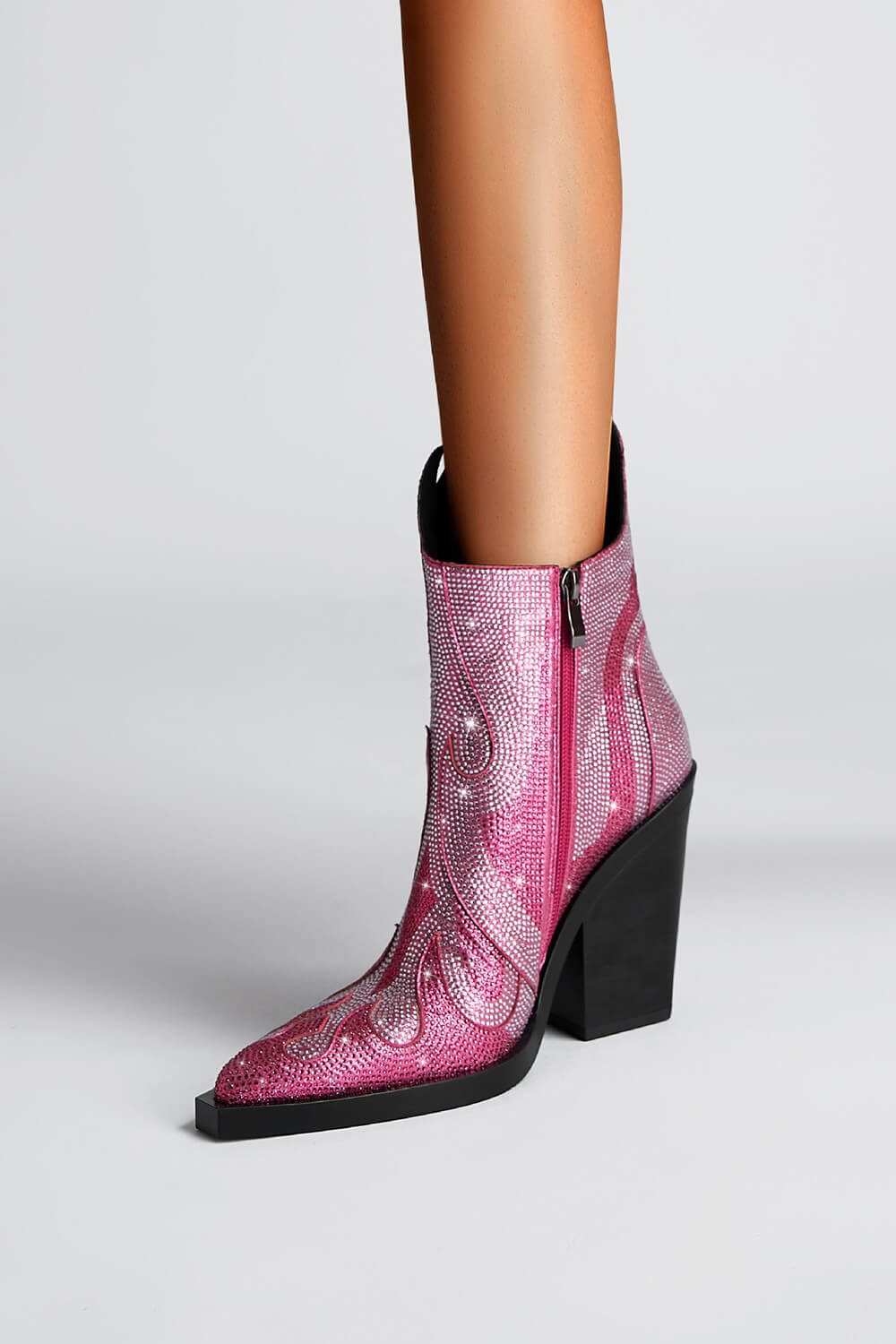 Rhinestone-Embellished Flame Mid-Calf Western Cowboy Pointed Toe Block Heeled Boots - Pink