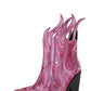 Rhinestone-Embellished Flame Mid-Calf Western Cowboy Pointed Toe Block Heeled Boots - Pink