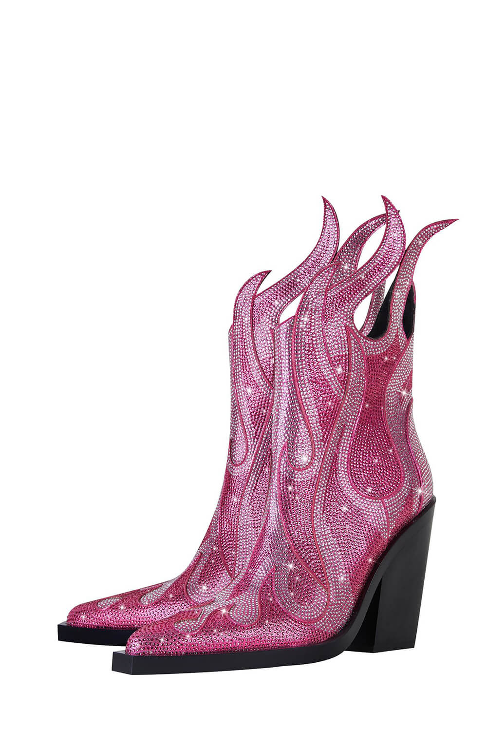 Rhinestone-Embellished Flame Mid-Calf Western Cowboy Pointed Toe Block Heeled Boots - Pink