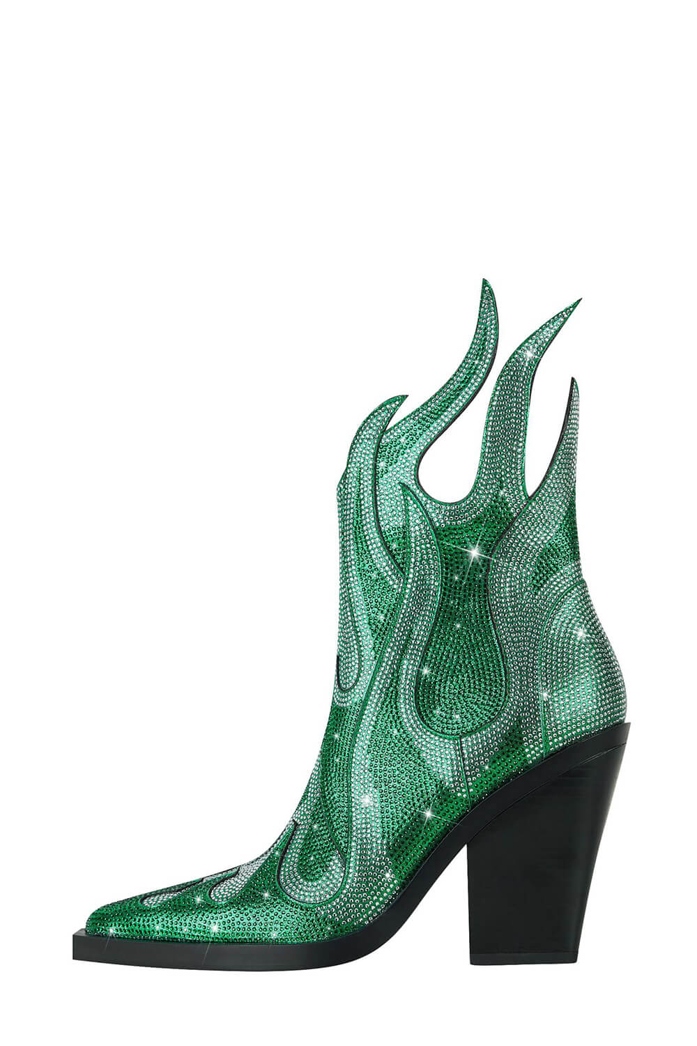 Rhinestone-Embellished Flame Mid-Calf Western Cowboy Pointed Toe Block Heeled Boots - Green