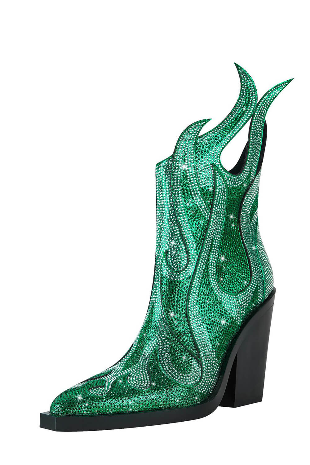 Rhinestone-Embellished Flame Mid-Calf Western Cowboy Pointed Toe Block Heeled Boots - Green