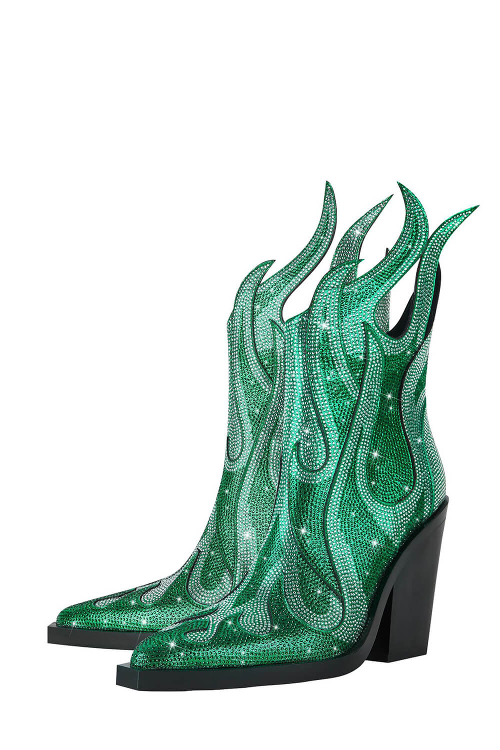 Rhinestone-Embellished Flame Mid-Calf Western Cowboy Pointed Toe Block Heeled Boots - Green