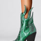 Rhinestone-Embellished Flame Mid-Calf Western Cowboy Pointed Toe Block Heeled Boots - Green