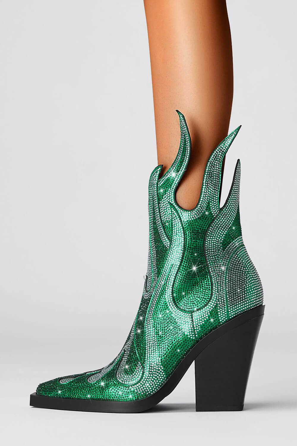 Rhinestone-Embellished Flame Mid-Calf Western Cowboy Pointed Toe Block Heeled Boots - Green